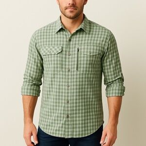 Eddie Bauer Expedition Guide Green Plaid Sun Protection Vented Outdoor Shirt LT